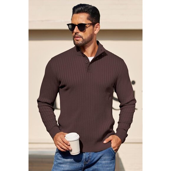 Men's Quarter Button Sweater Long Sleeve Stand Collar Sweater Knitted Brown - Picture 4 of 5